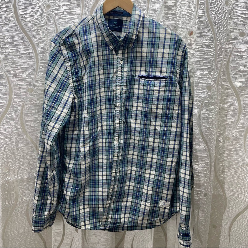 Scotch Soda Mens Plaid Button Down Shirt XL Blue Green Yellow Cotton Casual
